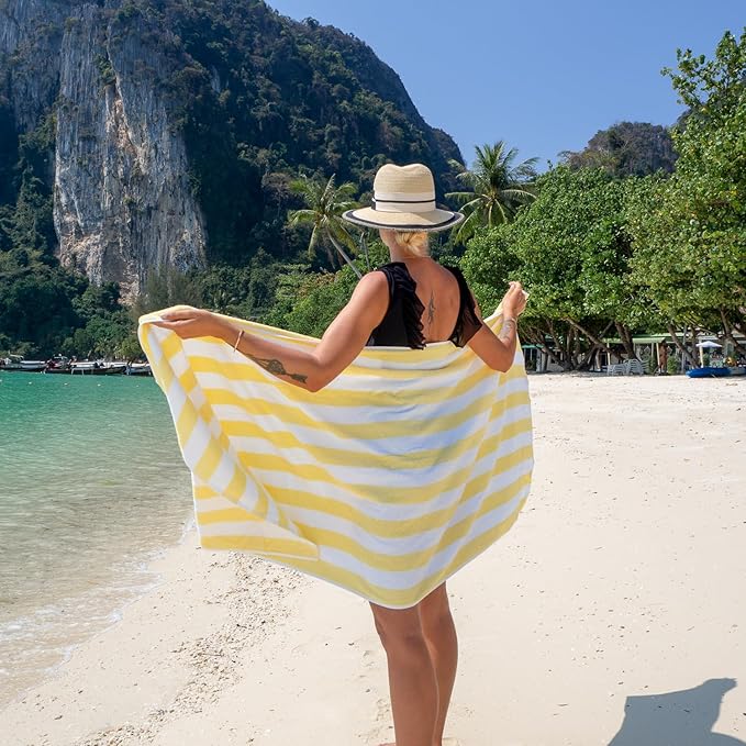 Arkwright California Cabana Stripe Beach Towel - Pack of 4, Large Soft Quick Dry Cotton Terry Towels Set for Pool, Swim, and Hot Tub, Oversized 30 x 70 in, Yellow