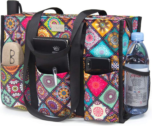 TOPDesign Utility Water Resistant Tote Bag with 13 Pockets, Top Zipper Closure & Thick Bottom Support, for Working Women