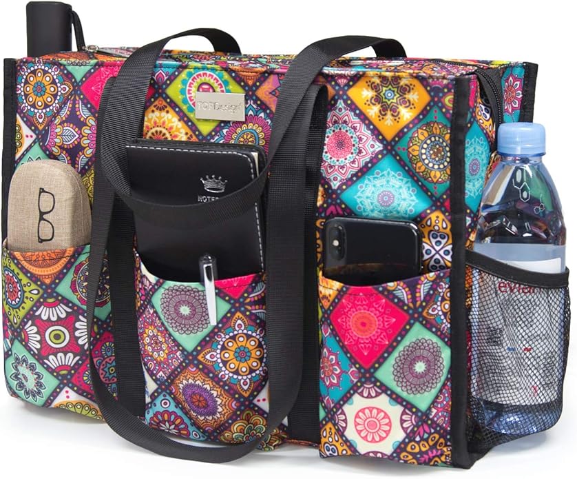 TOPDesign Utility Water Resistant Tote Bag with 13 Pockets, Top Zipper Closure & Thick Bottom Support, for Working Women