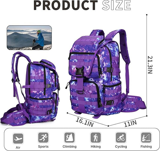 HongXingHai 50L Military Tactical Backpack 3 Day Assault Pack Molle Daypack Hiking Backpack for Men and Women (Purple Tie-Dye)