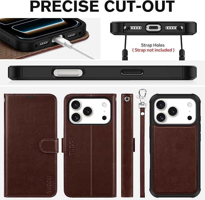 TUCCH 2-in-1 Detachable Wallet Case for iPhone 17 Pro (6.3-inch) 2025, Wireless Charging | RFID Blocking 4 Card Holders | Wrist Strap | Kickstand | Magnetic | PU Leather Folio Cover | Chocolate Brown
