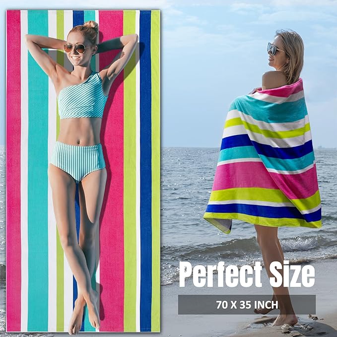 cabanana Large Beach Towel Oversized - Cotton Velour 35 x 70 Inch Rainbow Striped Terry Pool Towel, Cabana Soft Swimming Towel for Adults Women Men (Rainbow Pink)