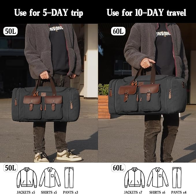 Canvas Duffle Bag for Men 60L Travel Duffel Bags Expandable Genuine Leather Duffel Overnight Weekender Carry On Bag Two Zipper Pockets Travel Bag (Black, X Large-60L)
