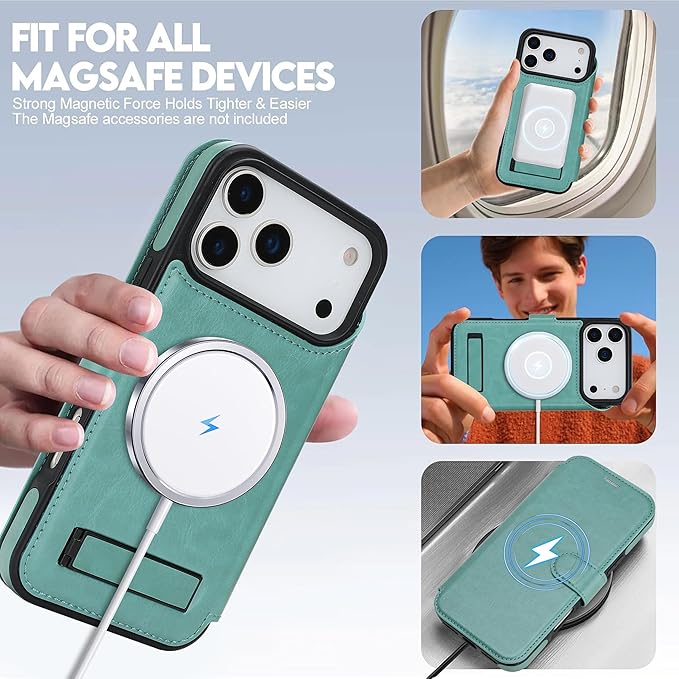 CIVICASE for iPhone 17 Pro Max Wallet Case with Stand,PU Leather Flip Credit Card Holder Slots (RFID Blocking),Compatible with Magsafe Magnetic Holder Phone Cover Women Men,Green