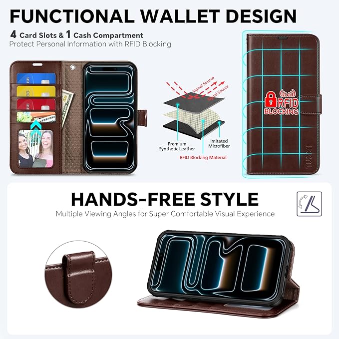 TUCCH 2-in-1 Detachable Wallet Case for iPhone 17 Pro Max (6.9-inch) 2025, Wireless Charging | RFID Blocking 4 Card Holders | Wrist Strap | Kickstand | Magnetic | PU Leather Cover | Chocolate Brown