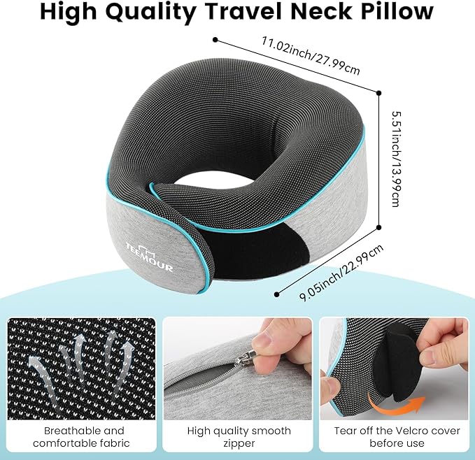 Upgraded Travel Pillow Memory Foam Neck Pillow Airplane- 360° Support Travel Pillows for Airplanes, With Eye Mask & Earplugs, Portable Carry Bag for Long Flights, Train| Best Travel Essentials