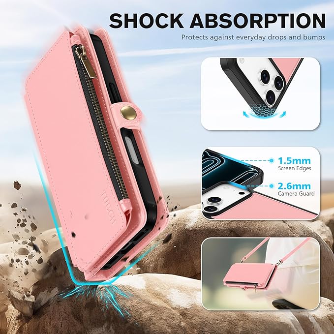 TUCCH Detachable Crossbody Wallet Case for iPhone 17 Pro Max 6.9", 10 Card Slots RFID Blocking | Stand | Lanyard Wrist Strap | Wireless Charging | Zipper Pocket | PU Leather Magnetic Cover | Rose Gold