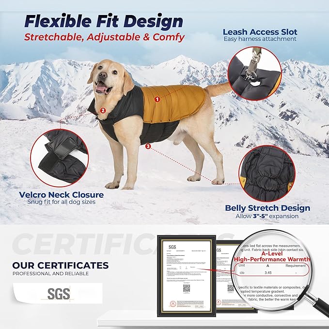 SPACE LION Dog Puffer Jacket, Down Winter Coat, Durable Outdoor Coat for Cold and Windy Conditions, Lightweight & Adjustable Fit Coats for Large Dogs,(BlackKhaki, Size26/3XL)