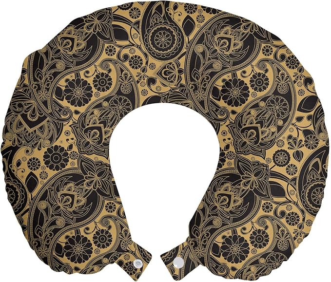 Ambesonne Ethnic Travel Pillow Neck Rest, Traditional Paisley Teardrop Cultural Twisted Leaves Ancient Art Print, Memory Foam Traveling Accessory for Airplane and Car, 12", Black Cream