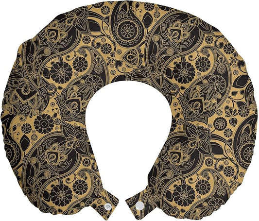 Ambesonne Ethnic Travel Pillow Neck Rest, Traditional Paisley Teardrop Cultural Twisted Leaves Ancient Art Print, Memory Foam Traveling Accessory for Airplane and Car, 12", Black Cream