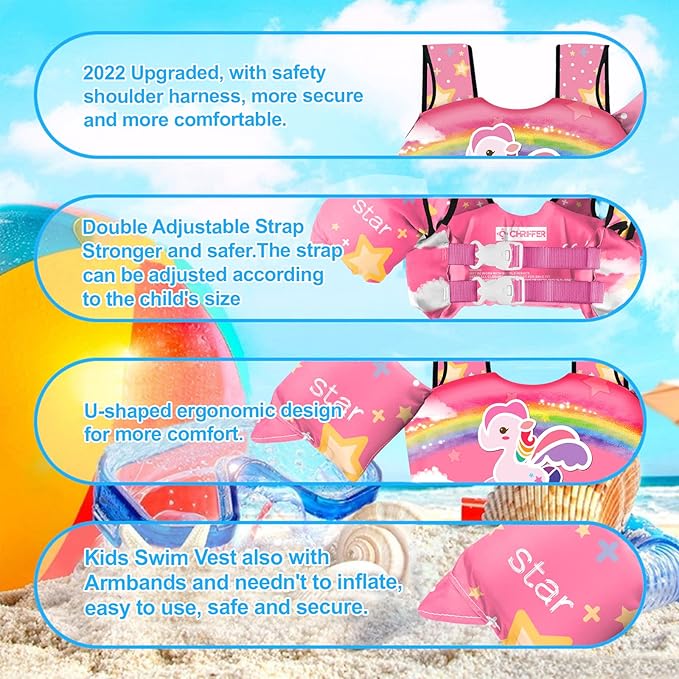 Chriffer Kids Swim Vest Life Jacket for 30-55 Pounds Boys and Girls, Toddler Floaties with Shoulder Harness Arm Wings for 2,3,4,5,6,7 Years Old Baby