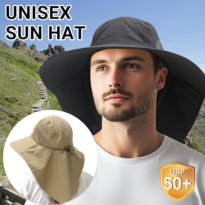 NPQQUAN Sun Hats for Men Women with Neck Flap UPF 50+ UV Protection Wide Brim Bucket Hat Safari Hiking Fishing Hats