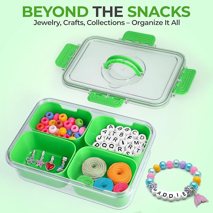 Snackle Box Container with Lid- Travel Charcuterie Box with Handle - Organizer for Candy, Fruit, Nuts, Veggies, Snacks, Beach Essentials, Portable Lunch Box (Green, Small)