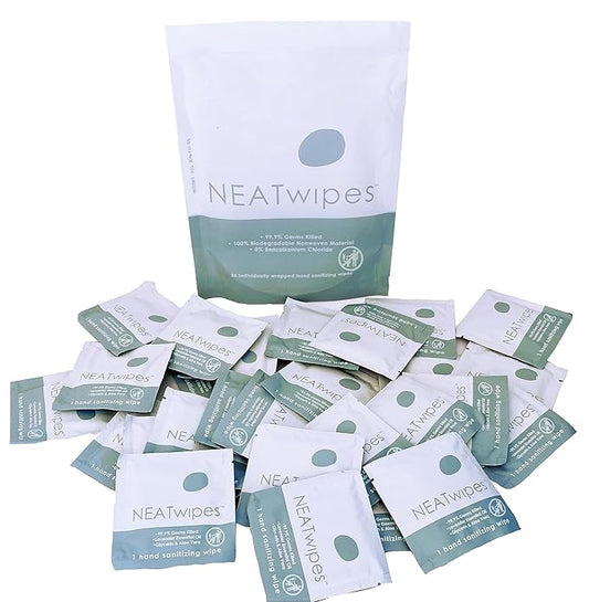 NEATwipes Hand Sanitizing Wipes | Travel Size | Disposable Wet Wipe & Planet Friendly | Lavender Essential Oil & Soothing Aloe | 24 Individually Wrapped Wipes per Package
