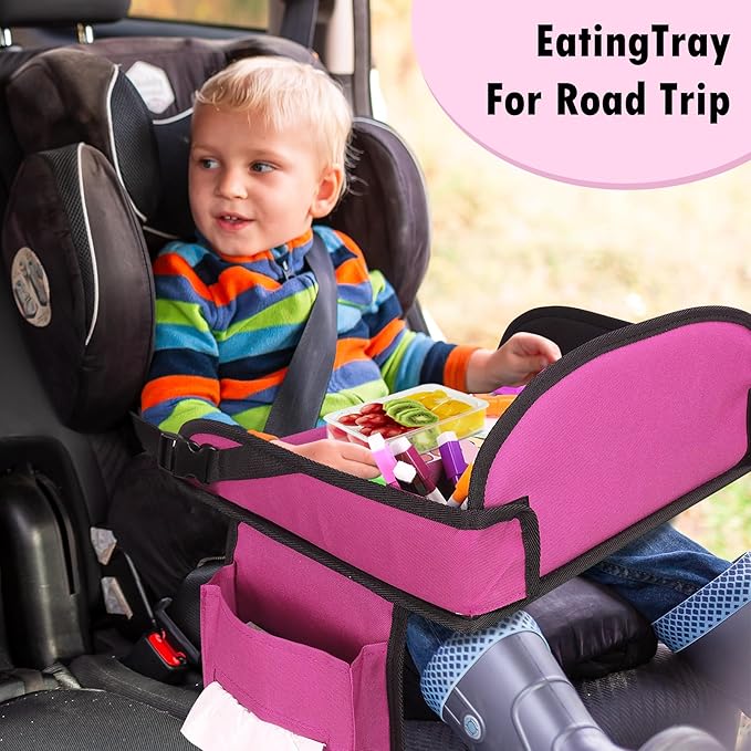 WENRENER Kids Travel Tray for Airplane - Toddler Car Seat Table Tray, Road Trip Essentials for Boys & Girls, Carseat Lap Desk for Kids Road Trip Activities (Pink)