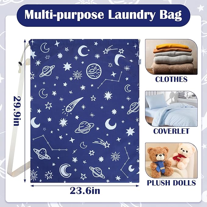 Canvas Laundry Bag with shoulder Strap 24" x 29", Large Drawstring Dirty Clothes Bag Washable Laundry Sack for College Dorm, Travel, Home, Camp (Space)