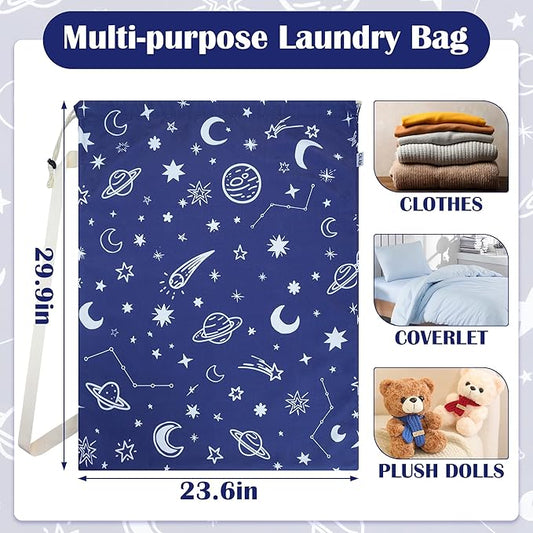 Canvas Laundry Bag with shoulder Strap 24" x 29", Large Drawstring Dirty Clothes Bag Washable Laundry Sack for College Dorm, Travel, Home, Camp (Space)