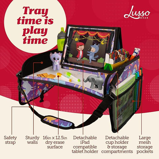 Lusso Gear Kids Travel Tray for Car - Road Trip Essentials for Kids - Car Seat Tray for Toddlers & Kids - for Airplane, Kids Travel Desk, Road Trip Activities (Purple Unicorns)