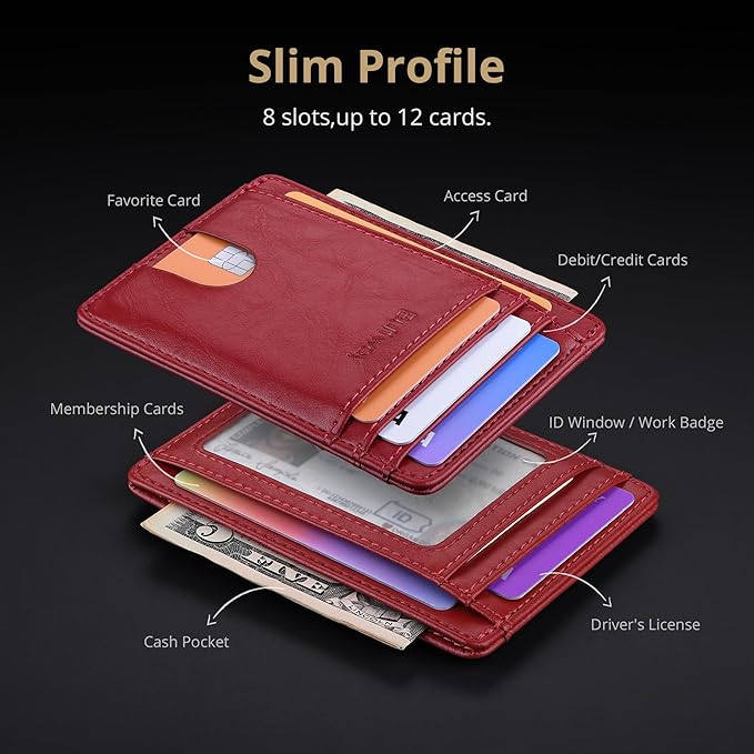 Buffway Slim Minimalist Front Pocket RFID Blocking Leather Wallets for Men and Women - Alaska Cherry
