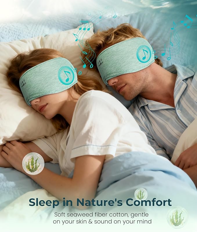 MUSICOZY Bluetooth 5.4 Sleep Headphones Eye Mask with Seaweed Fiber Cotton, Ultra Soft Fully Wrapped Sleep Mask with Headphones for Side Sleepers, 14 Hours Playtime, Gifts for Men Women