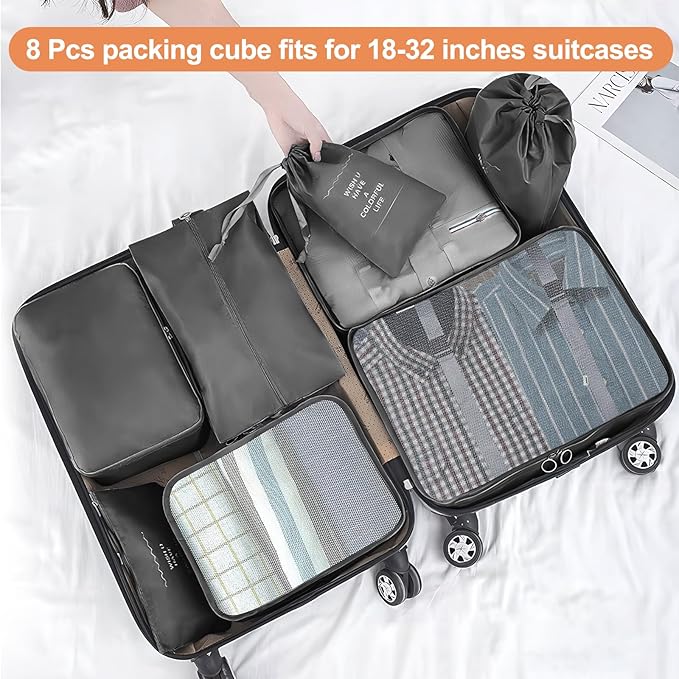 8 Set Packing Cubes for Suitcase, Packing Cubes for Carry on Suitcases, Luggage Organizer for Travel Essentials, Large Mesh Luggage Bag for Suitcases
