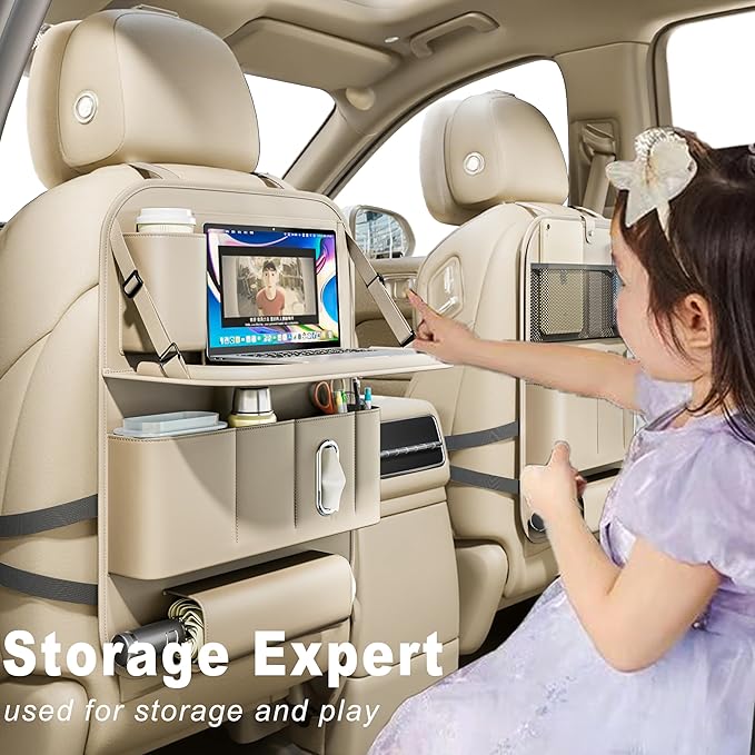 GMQ Backseat Car Organizer with Tray 1 Pack,Car Backseat Organizer with Foldable Table for Kids,Multifunctional Seat Back Organizer with Storage Pockets Car Storage Organizer (Beige)