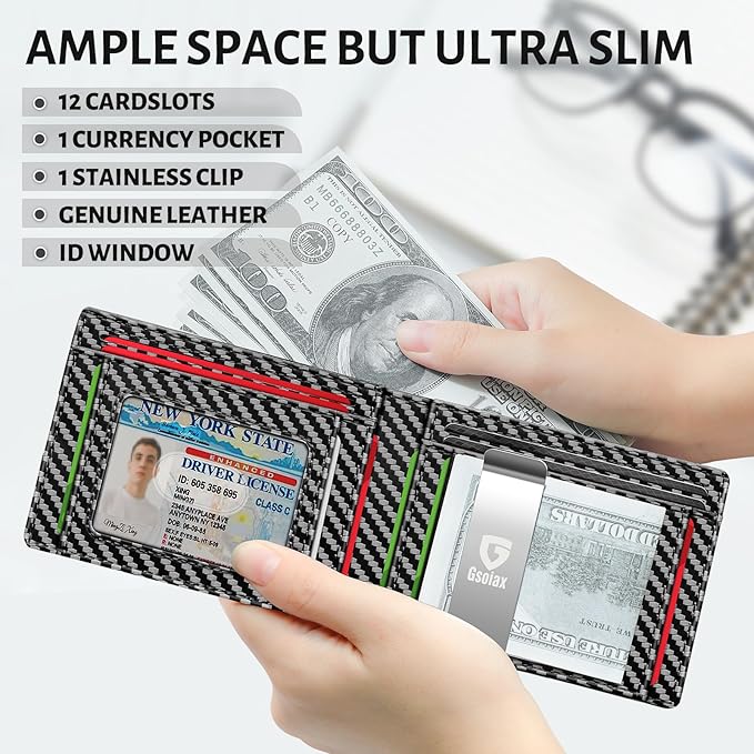GSOIAX Mens Slim Wallet for Men Minimalist Genuine Leather Carbon Fiber Rfid Blocking Bifold Credit Card Holder With Gift Box (Carbon-money clip)