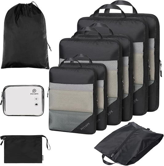 Lightweight Compression Packing Cubes for Suitcases, Compressible Expandable Travel Packing Organizer with Clear Toiletries and Backpack Bag, Travel Essentials for Carry on Luggage 7 Set