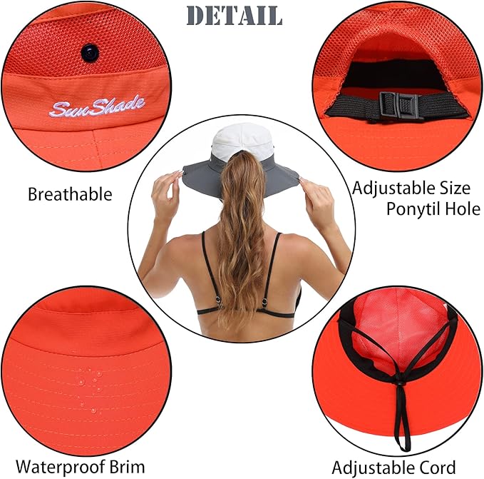 Womens Summer Sun Hat Beach Hat Wide Brim Outdoor UV Protection Hat Foldable Cool Mesh Ponytail Bucket Hat