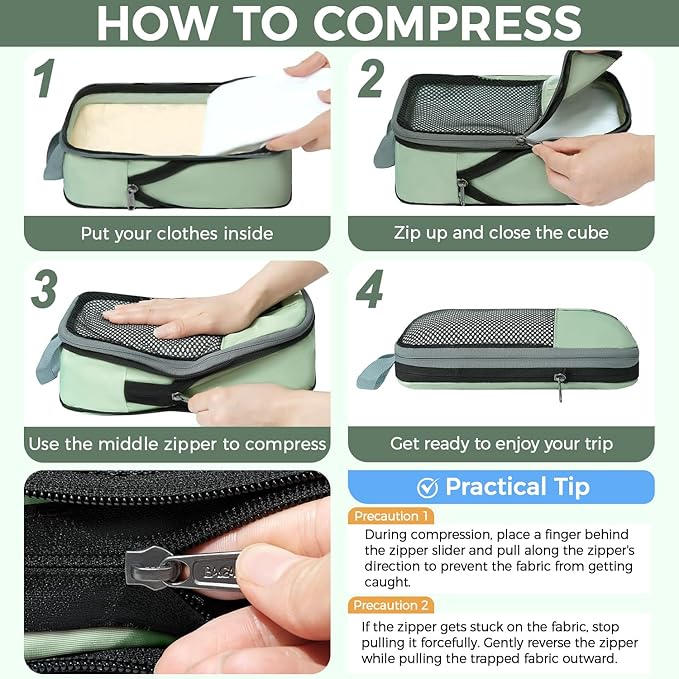 BAGAIL 4 Set/6 Set/8 Set Compression Packing Cubes Travel Accessories Expandable Packing Organizers(HalfMesh, 8-MatchaGreen)