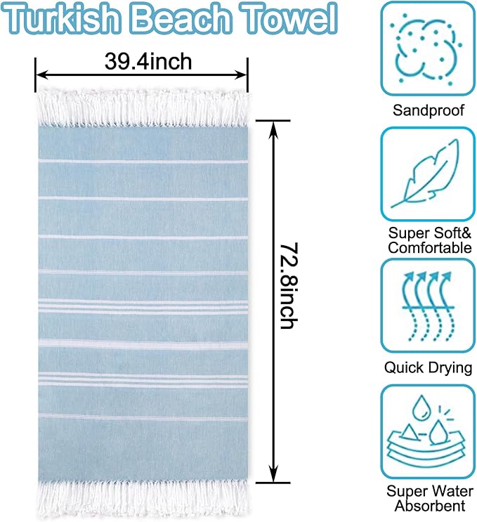 Beach Towel 2 Pack, Sand Free Oversized 39 x 72, Turkish Quick Dry Towel, Lightweight Pool Travel Towel, Cool Beach Essentials Super Absorbent