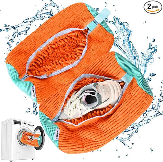 Orange Large Shoe Laundry Bag Set of 2, Mesh & Microfiber, Zipper Closure, Machine Washable, Shoe Cleaning Bag for Washing Machine