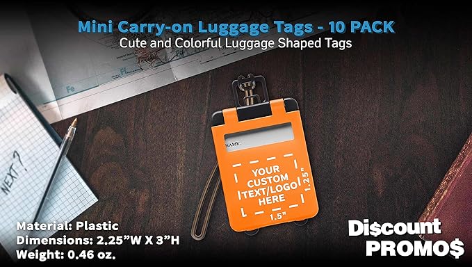 10 Mini Carry-on Luggage Tags Pack - Customizable Text, Logo - Flip Open Cover, ID Sticker - Orange