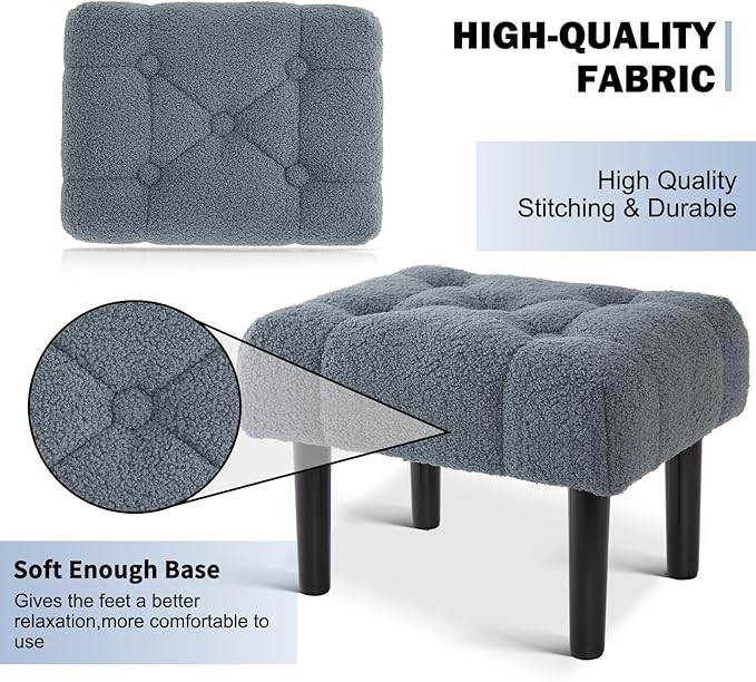 HOUCHICS Fur Padded Foot Stool, Small Ottoman Rest with Wooden Legs, Modern Rectangle Chair Rest for Living Room, Couch, Desk (Grey)