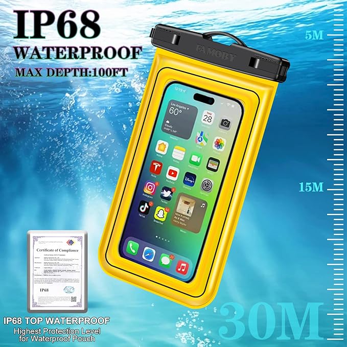 Floatable 3 Pack Multicolor Universal IP68 Floating Waterproof Phone Pouch,Adjustable Neck Lanyard Waterproof Phone Case Dry Bag for Apple iPhone,Samsung,and up to 8.3" Yellow,Orange,Green