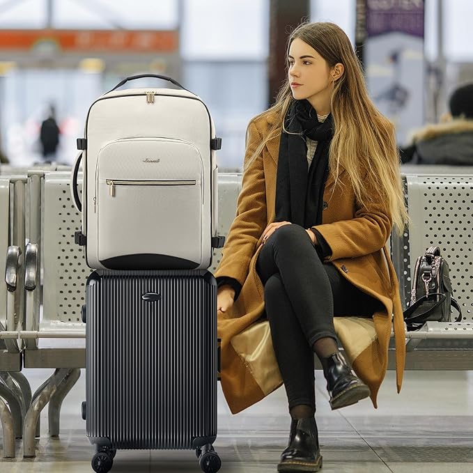 LOVEVOOK 40L Large Travel Backpack for Women Men, 17 Inch Carry on Backpack for Traveling on Airplane, Personal Item Travel Bag Airline Approved, Business Causal Weekender Backpack, Beige-Black