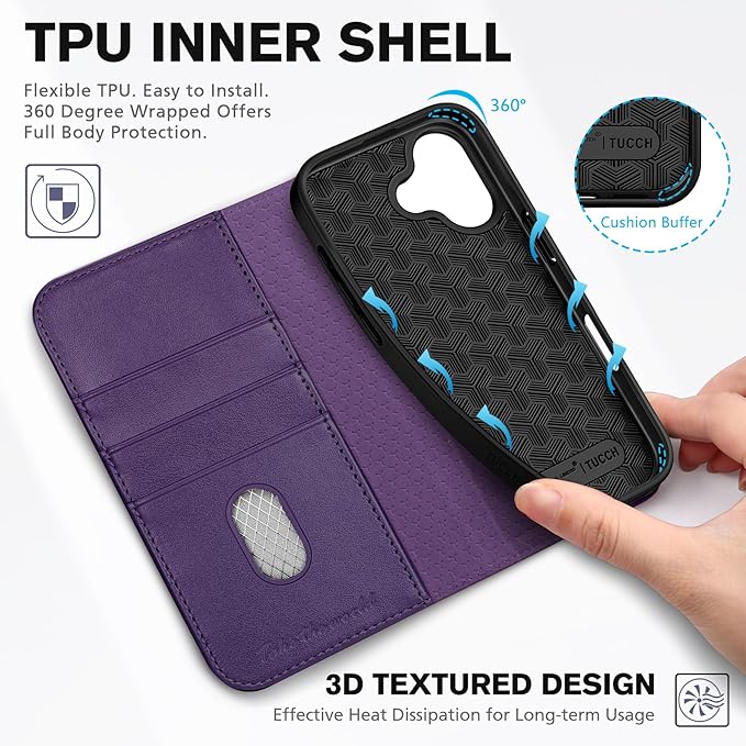 TUCCH Wallet Case for iPhone 17 (6.3") 2025, 3 Credit Card Slot | RFID Blocking | Stand | PU Leather | Protective Flip Folio Cover | Shockproof TPU Interior Shell | Dark Purple