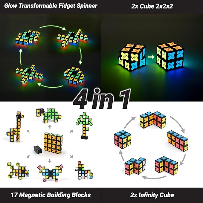 TOSY Magnet Fidget Spinner Glow - 16 Blocks, 3in1 Toy: Transformable Fidget Spinner, Infinity/Puzzle Cube, Glowing, Christmas Stocking Stuffers Gift for Kids/Adults, STEM Sensory Stress Relief