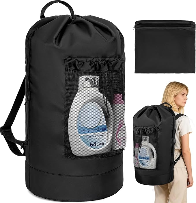 Laundry Bag Backpack with Shoulder Straps and Mesh Pocket Foldable Clothes Hamper Bag with Drawstring Closure for College, Apartment, Laundromat (Black)