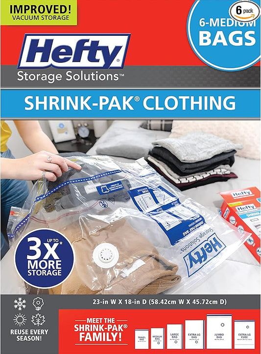 Hefty Shrink-Pak Vacuum Storage Bags - Space Saver for Under Bed Storage, Clothing and Comforters, 3X More Storage Space, 6 Medium Zipper Bags