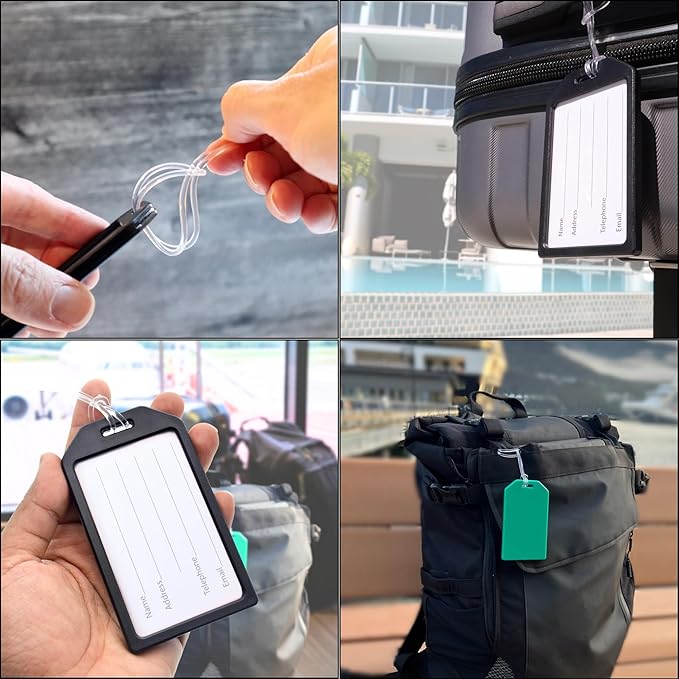 5 Pack - Premium Rigid Airline Luggage Tag Holders with 6" Worm Loops - Heavy Duty Hard Plastic -Suitcase ID Tag Identifiers with Business Card Insert Window by Specialist ID (White)