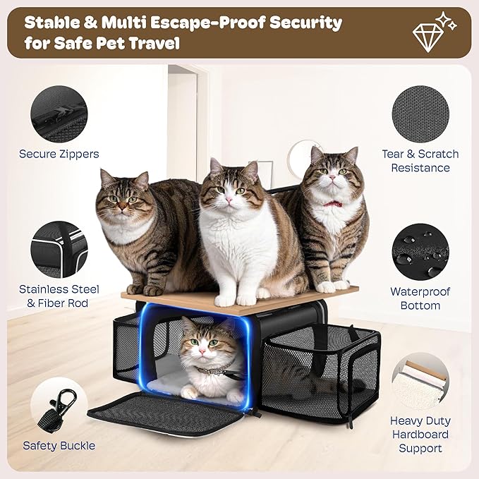 Top and 2 Sides Expandable Large Cat Carrier 18x13.5x9.5, TSA Airline Approved Dog Carriers for Large Dogs, Soft-Sided Pet Carrier with Self-Locking Zippers for Kitten,Rabbit,Puppy, Black White