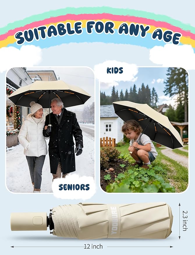 Yoobure Automatic Travel Umbrellas for Rain - Portable & Compact Umbrella for Backpack, Car, UV Umbrellas for Sun Protection, Windproof Folding Small Umbrella in Macaron for Kids, Women, Colorful