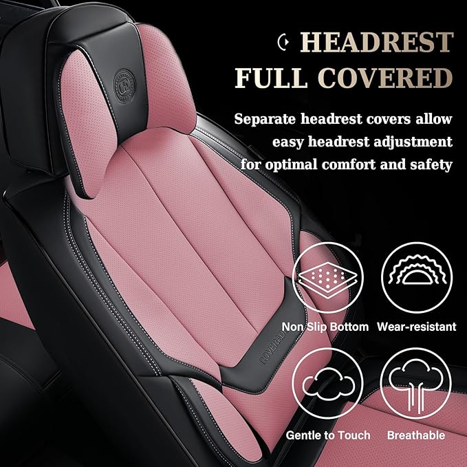 Coverado Universal Seat Covers Full Set, 5 Seats Universal Seat Covers for Cars, Waterproof Nappa Leather Car Seat Covers with Head Pillow, Auto Protectors Fit for Most Pick-up Truck, Black&Pink