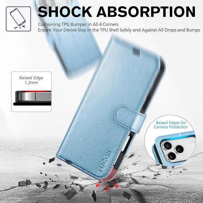 TUCCH Case Wallet for iPhone 17 Pro Max (6.9-Inch) 2025, RFID Blocking 4 Card Slots, Kickstand, Magnetic Closure, PU Leather, Shockproof TPU Shell, Protective Flip Cover, Pearly Light Blue