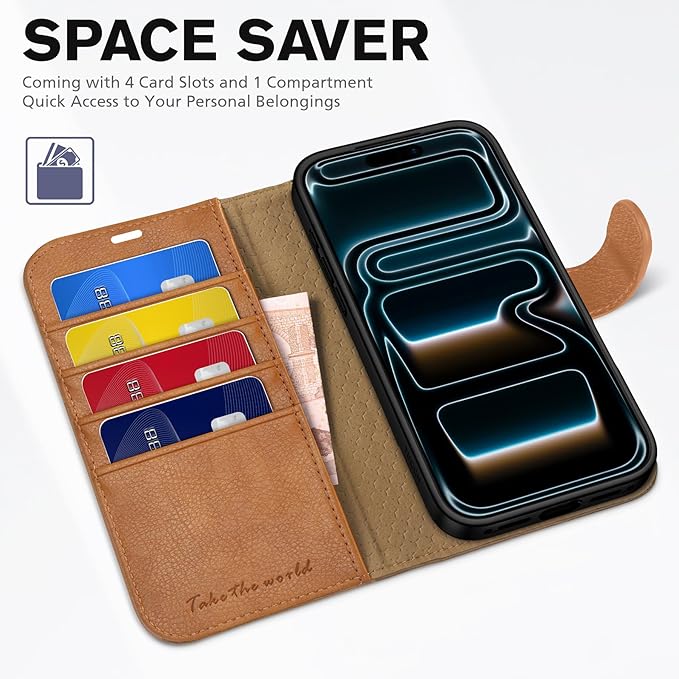 TUCCH Wallet Case for iPhone 17 Pro (6.3") 2025, 4 Card Holders | RFID Blocking | Stand | PU Leather | Magnetic Closure | Protective Flip Folio Cover | Shockproof TPU Shell | Light Brown