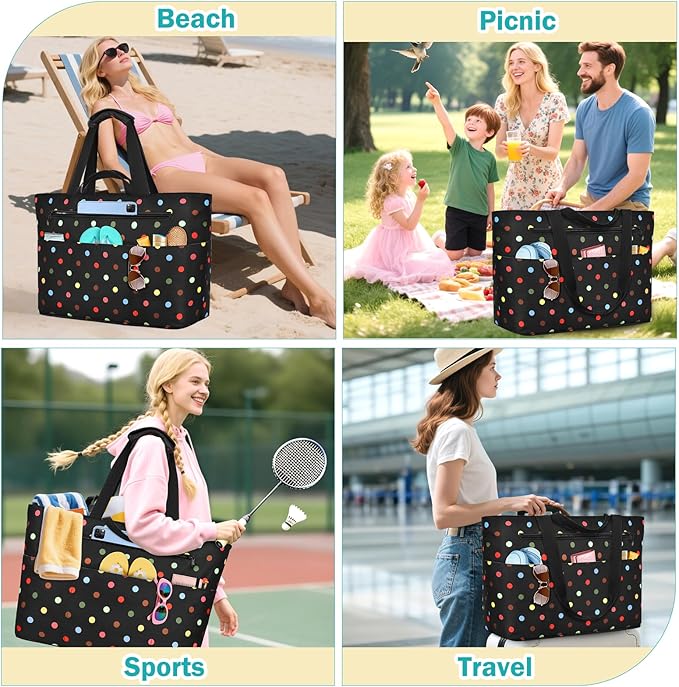 Extra Large Beach Bags for Women, Waterproof Sandproof Beach Tote Bag Zipper Foldable Swim Pool Bag with Wet Pocket