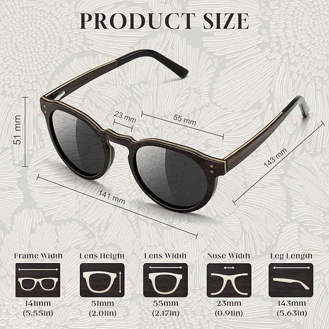 SUNGAIT Black Oak & Dark Ebony Wood Sunglasses Womens Polarized Round UV400 Protection Retro Vintage Gift-ready Case Included