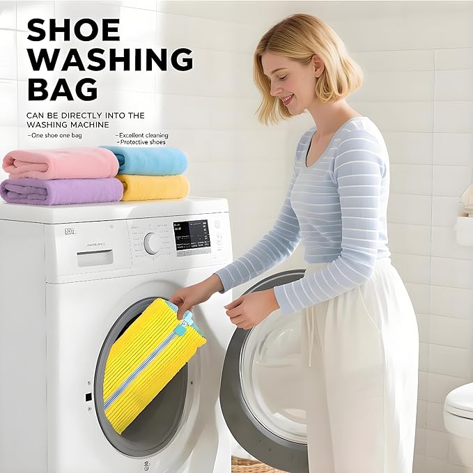 2-Pack Shoe Washing Machine Bags 15.4in Heavy Duty Laundry Shoe Bag with Reinforced Edges 360° Deep Clean Anti-Tear for Sneaker, Running Shoes, Bras, Delicates and Toys(Yellow)
