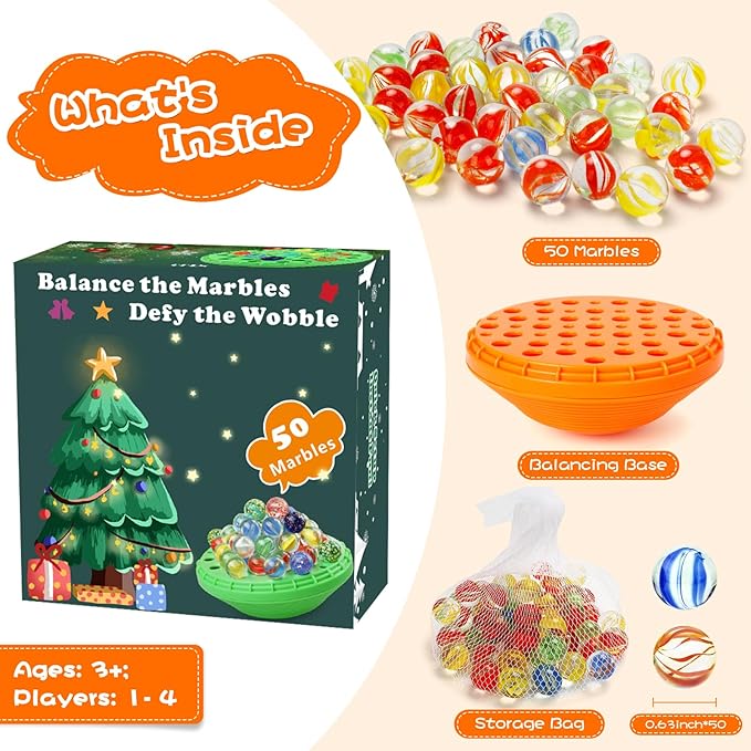 Marble Balance Game - 50 Colorful Marbles with Built-in Storage, Fun Family Challenge for 1-4 Players, Educational Toy for Kids & Adults, Perfect for Parties, Travel & Birthday Gifts (Pumpkin Orange)